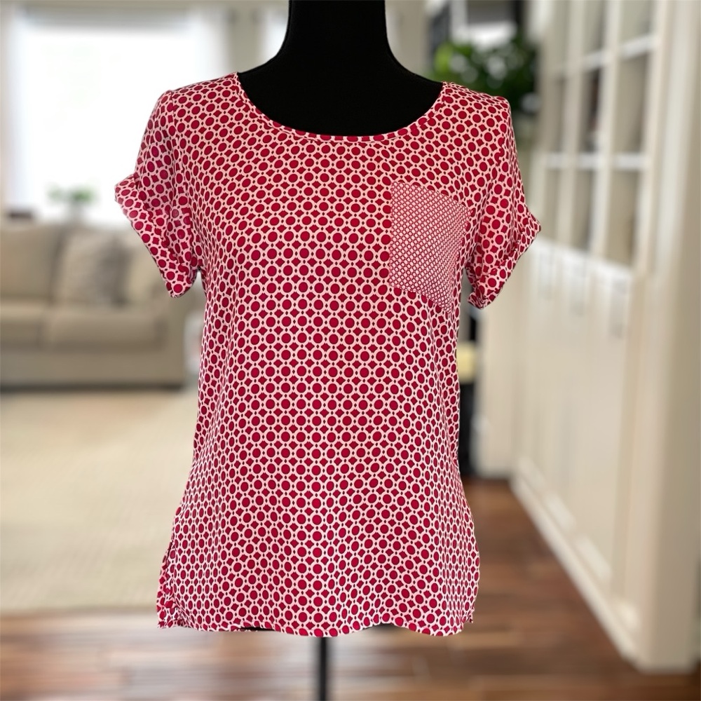 Banana‎ Republic Size XS Women's Geometric Hot Pink/White Rolled Sleeve Blouse